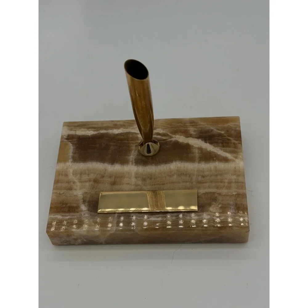 Vintage Onyx Stone Desk Pen Holder Gold Tone Base Mid Century Executive Decor